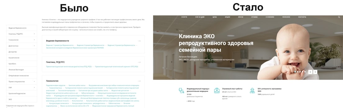 Сравнение посадочной страницы сайта до и после обновления